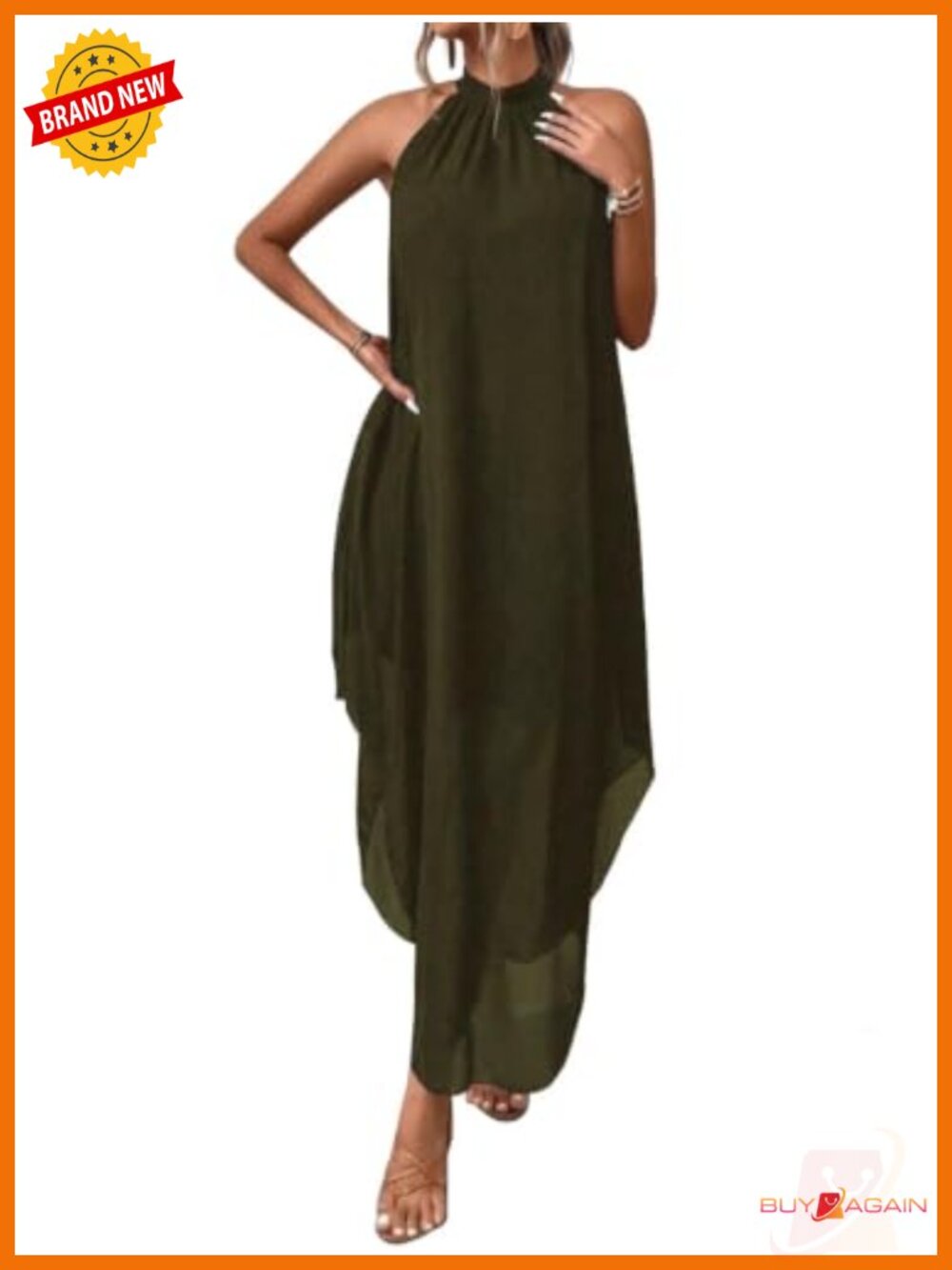 SKAYS Women's Halter Neck Flowy Chiffon Maxi Dress Sleeveless Asymmetrical Hem
